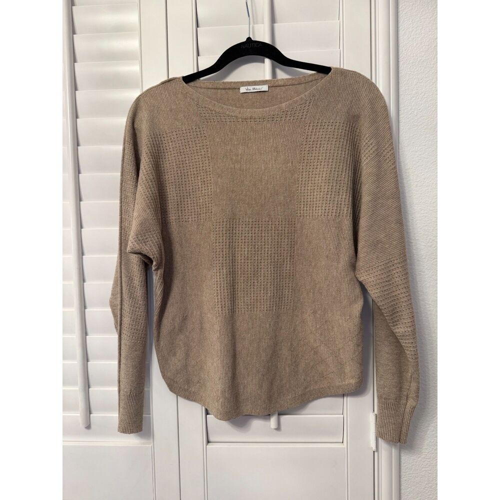 Vila Milano Taupe Textured Knit Dolman Raglan Sweater Boat Neck Minimalist - M